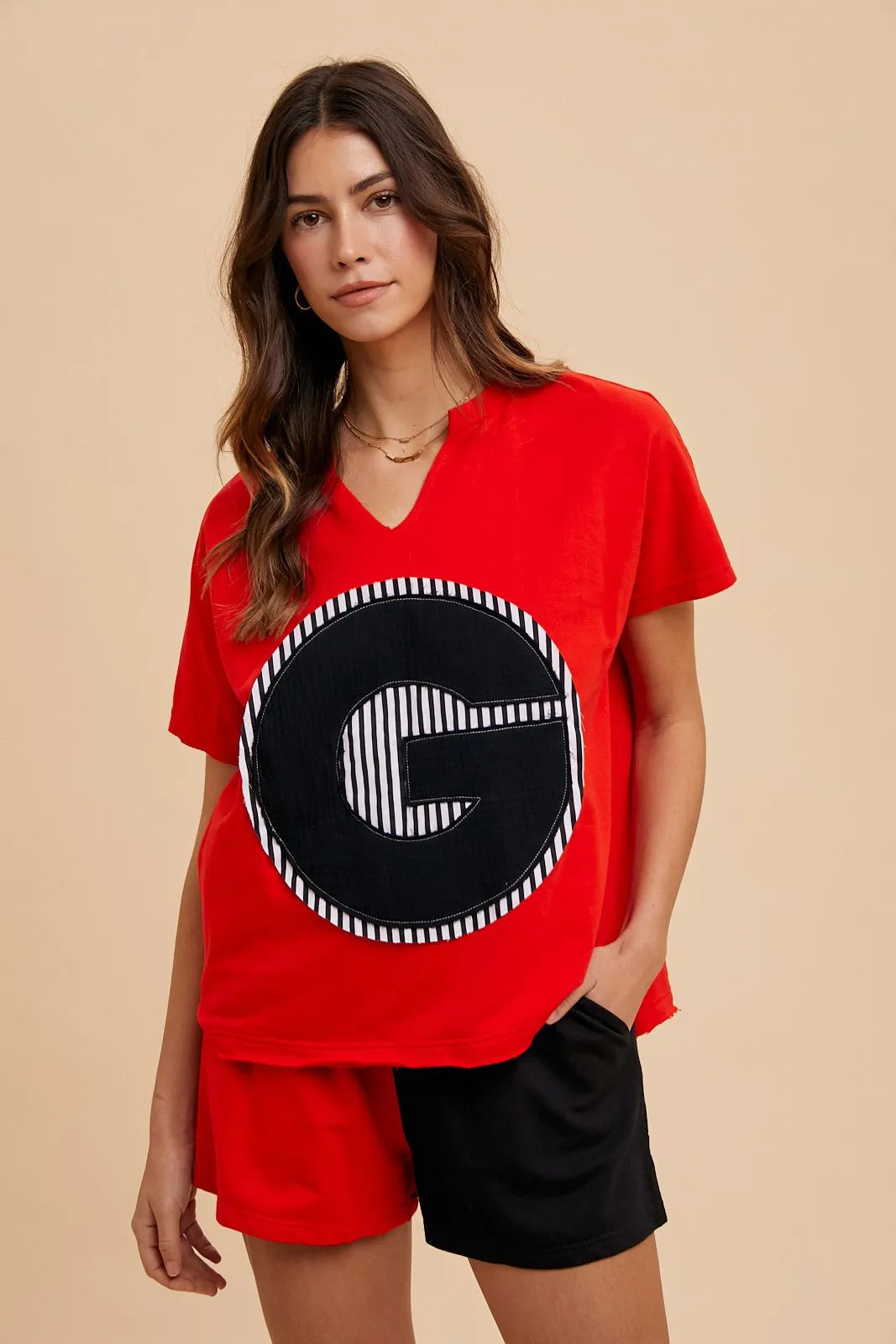 GEORGIA G CONTRAST PATCHED KNIT GAMEDAY TOP