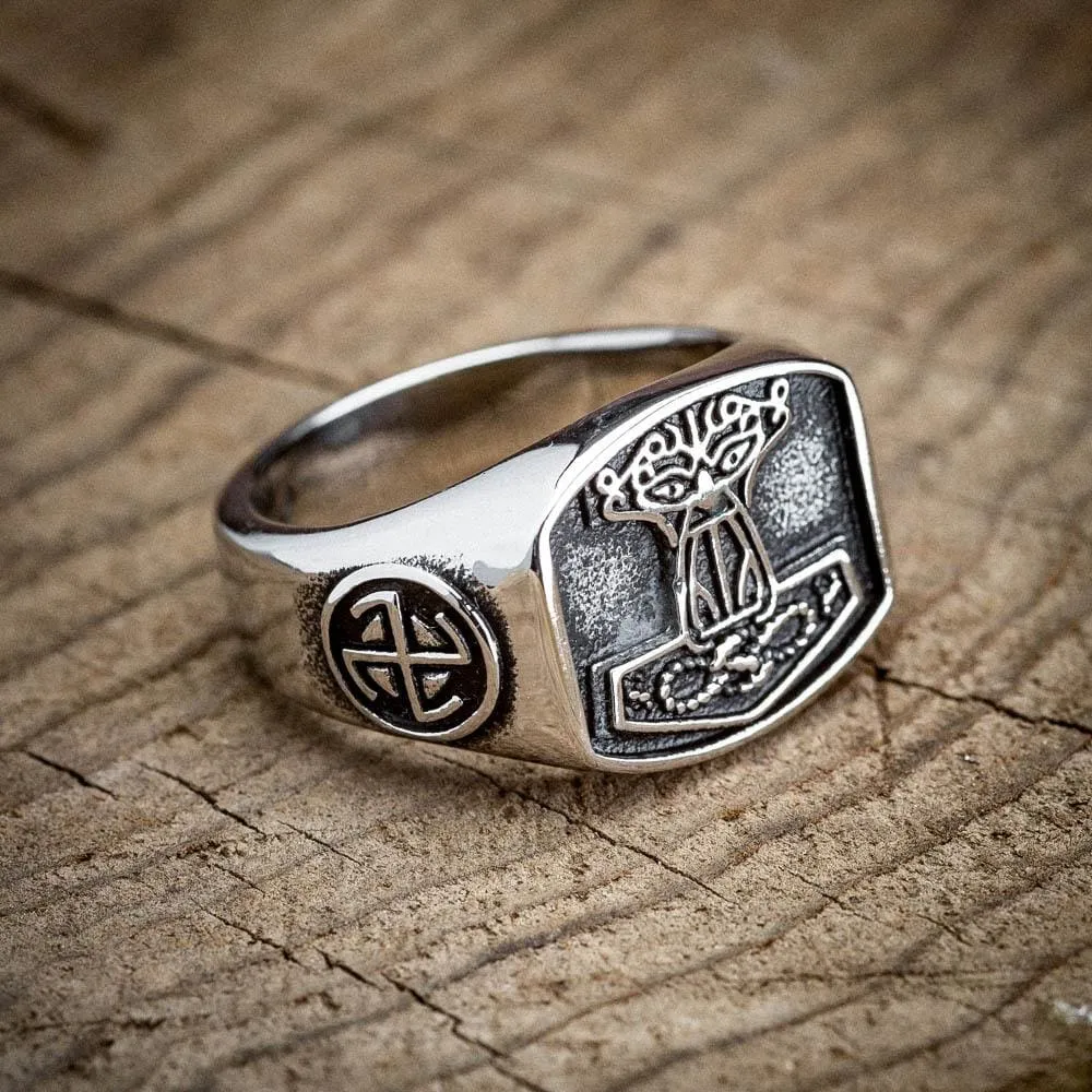 Stainless Steel 'Aged' Mjolnir Signet Ring