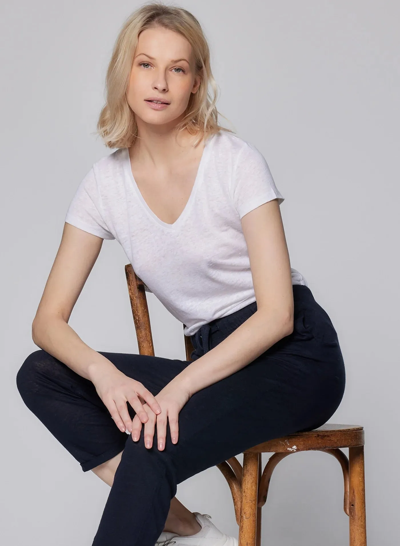 Stretch Linen Short Sleeve V Neck